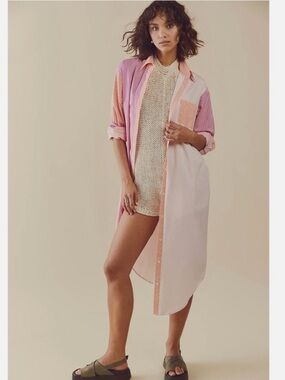 Free People X Solid & Striped Lg The Oxford Shirt Dress Tunic in Sorbet Stripe